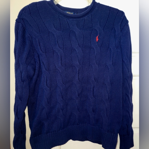 Ralph Lauren Polo Cable Knit Sweater Red Pony Navy Medium Preppy Like New - Picture 4 of 14